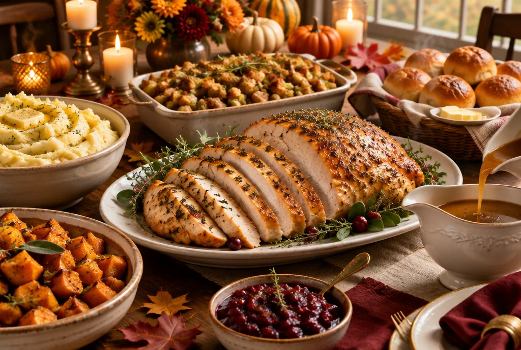Thanksgiving table with roast turkey, stuffing, mashed potatoes and gravy
